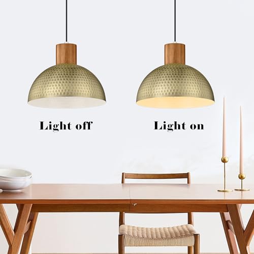 2 Pack Hammered Pendant Lights 12” Vintage Metal & Wood Dome Hanging Lamp Antique Gold Industrial Kitchen Pendant Light Fixtures for Island (2 Count)