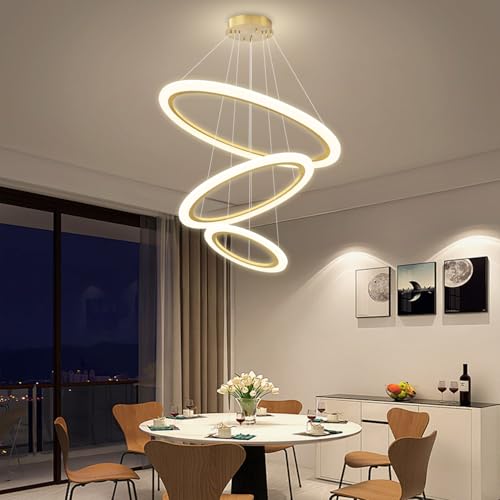 Modern LED Chandelier 3 Ring Chandelier for Dining Room Living Room Pendant Lighting High Ceiling Hanging Light Fixture for Bedroom Foyer Gold