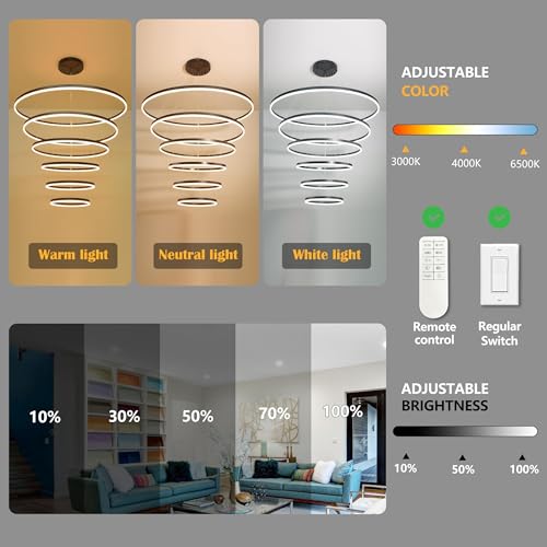 6 Rings Pendant Lights 47.2'' Modern Black Led Chandelier Dimmable Height Adjustable Chandeliers Color Temperature Black Chandelier Led Pendant Light for Dining Room Bedroom Entryway