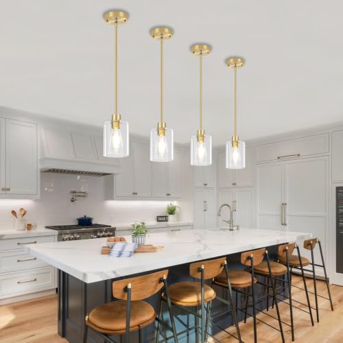 3 Pack Brushed Gold Pendant Lights Kitchen Island Glass Hanging Lighting