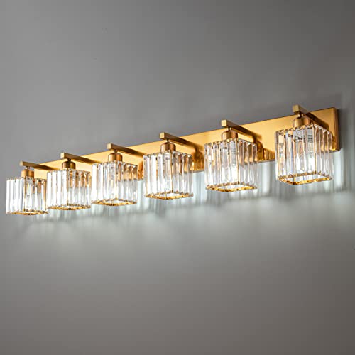 Modern 6 Light Gold Brushed Brass Finish Crystal Wall Light for Bathroom Vanity
