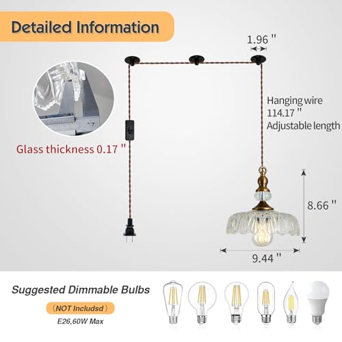 Plug in Glass Pendant Light Fixture Brass Vintage Adjustable Chandelier Brushed Gold Hanging Ceiling Light for Farmhouse Hallway Bedroom Foyer Kitcken Dining Room Island