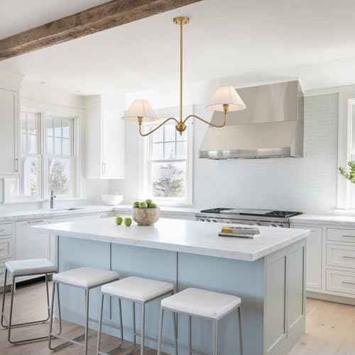 Modern Gold Linear Chandelier for Kitchen Island, 2-Light Linear Light Fixture with Off-White Fabric Shade, Rustic Pendant Light for Dining Room
