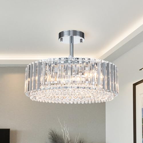 15.8“ Modern Crystal Chandelier Chrome Round Semi Flush Mount Ceiling Light Fixture Chandelier for Living Room Dinning Room Bedroom Hallway Entryway Kitchen