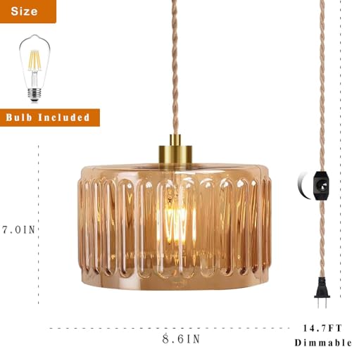 Plug in Pendant Light Hanging Lights with in Cord Mid Century Modern Gold Hanging Lamp Flower Glass Amber Vintage Dimmable Chandelier Ceiling Fixture for Living Room