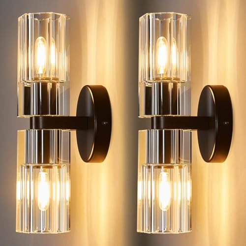 Modern Black Wall Sconces Set of Two Bedroom Crystal Wall Sconces Indoor Sconces Wall Lighting Living Room Sconces with K9 Crystal Lampshade for Bathroom Hallway Entryway Stairway (2 Count)