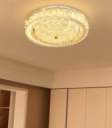 11.8" Modern Mini Crystal Chandelier Dimmable LED Flush Mount Ceiling Light with Remote Control for Bedroom Hallway Dining Room Gold