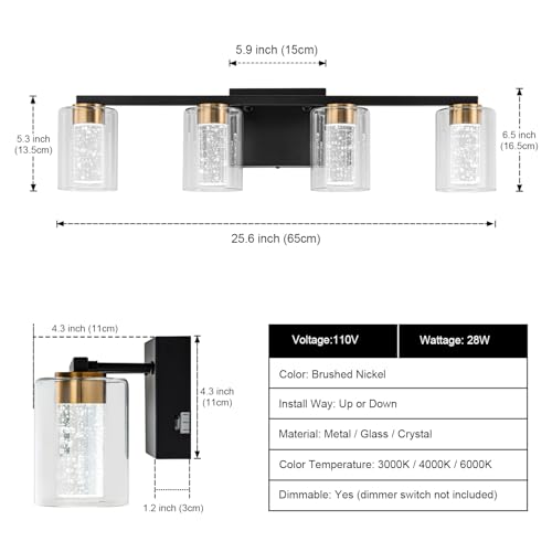 4 Light Black and Gold Vanity Light with 3 Color Modes