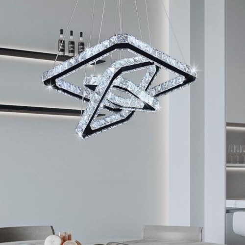 Square 3 Ring Crystal Chandelier Adjustable Height Cool White