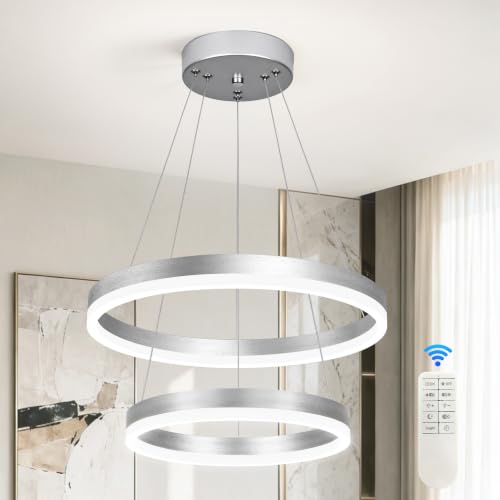 Modern Nickel Led Chandelier 2 Rings Dimmable LED Chandeliers with Remote Control Light Fixture for Kitchen Island Height Adjustable Chandelier Led Pendant Light for Living Room Dining Room