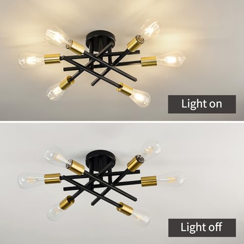 6 Lights Sputnik Semi Flush Mount Ceiling Light Fixture Modern Metal Black and Gold Chandeliers with E26 Bulb Base Close to Ceiling Light for Kitchen Dining Room Living Room Hallway Bedroom