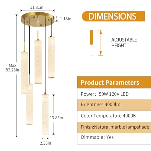 Natural Alabaster Pendant Lights for Kitchen Island White Marble Long Tube Chandelier 4000K Modern Gold Ceiling Light Fixtures for Bedroom Dining Room Table Living Room Hallway