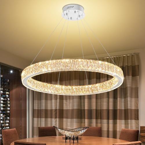 Modern LED Dimmable Crystal Chandelier 31.5" Ring Pendant Light Adjustable Round Chrome Crystal Chandelier Light Fixtures for Dining Room Living Room