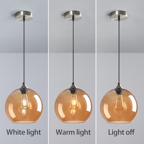 Amber Glass Pendant Lights Kitchen Island Globe Pendant Light Fixtures Modern Pendant Lighting for Bedroom Living Dining Room Light Fixture (2 Count)