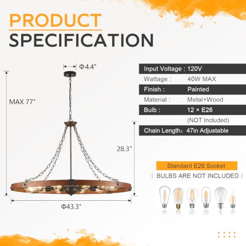 Farmhouse Wagon Wheel Chandelier 43" Walnut Rustic Chandeliers 12