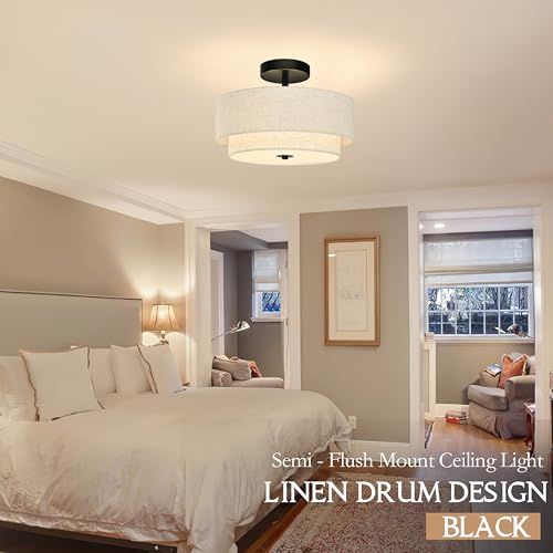2 Light Semi Flush Mount Ceiling Light Fixture 12.6 Inch Modern Black Drum Ceiling Light Fixture with 2