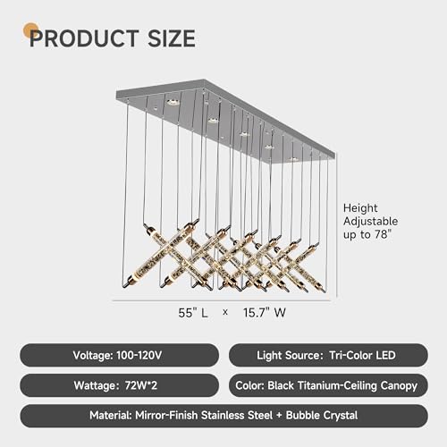 55" LED Large Modern Rectangle Crystal Chandeliers for Dining Room