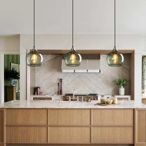 Gray Green Glass Pendant Lights Kitchen Island Lighting Globe Pendant Light Fixtures Modern Pendant Lighting for Kitchen Island Bedroom Living Dining Room Light Fixture