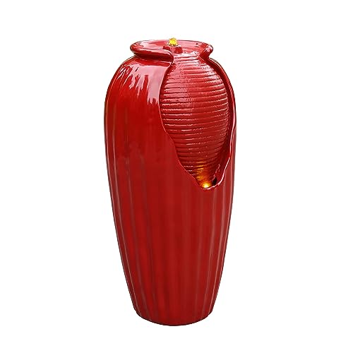 Glazed Vase Floor Freestanding Water Fountain with LED Lights and Pump for Outdoor Patio Backyard Deck Plant Garden Décor