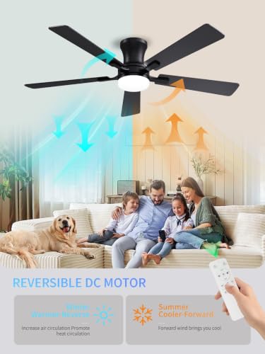 52 Inch Black Low Profile Ceiling Fan with Light and Remote (Black / 52 Inch)