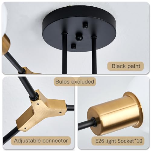 Modern Gold and Black Sputnik Semi Flush Mount Ceiling Light Fixture
