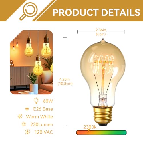 4 Pack Edison Light Bulb 60 Watt Dimmable A19 Vintage Warm Bulb (4 Count)