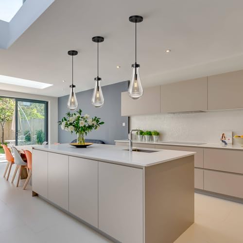 Raindrop Pendant Lights Kitchen Island Set of 3 Teardrop Black Hanging Light Fixtures Clear Solid Glass Pendant Light Modern Chandeliers for Dining Room Porch Corridor Living Room (3 Count)