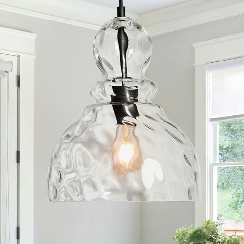 Hammered Glass Pendant Light for Kitchen Island Black Pendant Hanging Light 10inch Large Glass Pendant Lights for Kitchen Sink Dining Room Hallway Entrance