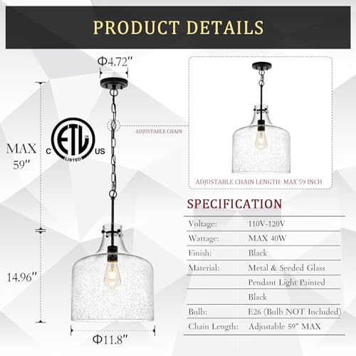 12" Farmhouse Seeded Glass Pendant Light