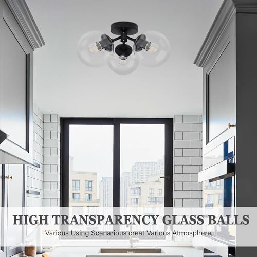 3 Light Modern Black Semi Flush Mount Ceiling Light Clear Glass Globe Ceiling Lights Mid Century Black Chandelier 3 Light Sputnik Ceilings Lights Fixture for Bedroom Hallway Entryway