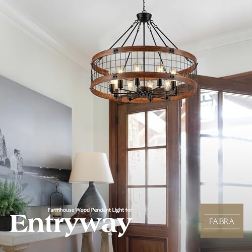 10 Light Farmhouse Drum Wood Pendant Light