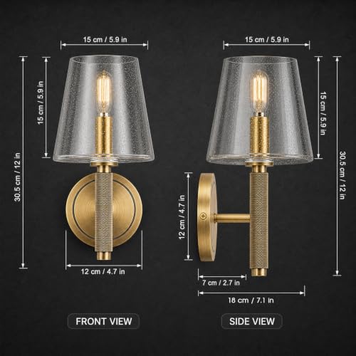 12" Knurled Brass Wall Sconce with Clear Seeded Glass Shade