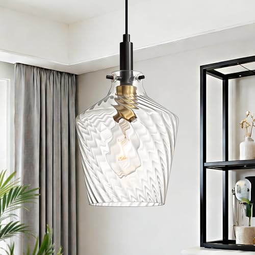 Stripes Clear Glass Pendant Light for Kitchen Island Black Gold 8 Inch