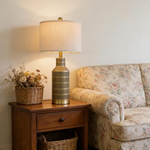 25" Gold and Black Modern Ceramic Bedside Lamp Set of 2 for Bedroom Decor Farmhouse Table Lamp for Living Room Office Dorm