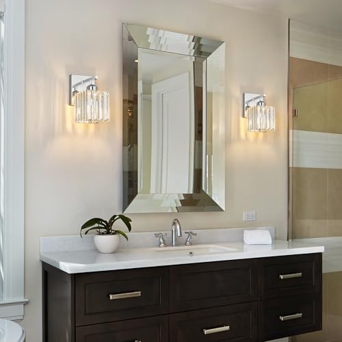 Modern Wall Sconces Set of Two Indoor Wall Lamp Chrome Wall Sconce Crystal Wall Light Bathroom Vanity Light Fixtures Wall Mounted Room Sconce Wall Lighting (2 Count)