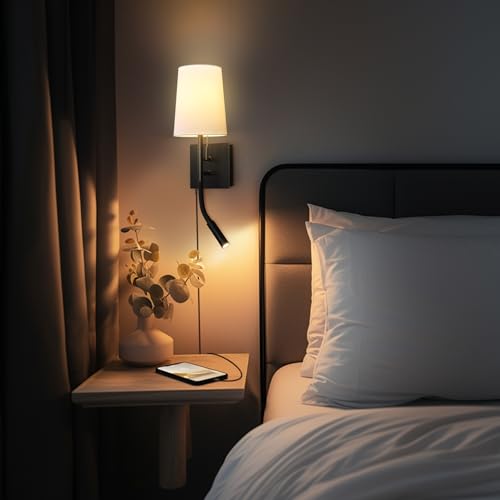 1-Light Plug-in or Hardwired Wall Sconce with LED Integrated Reading Light, USB-A Port, USB-C Port, Matte Black, White Fabric Shade, On-Off Pull Chain and Rocker Switch