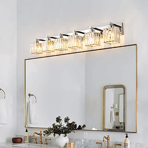 Modern 6 Light Chrome Crystal Bathroom Vanity Light Fixtures