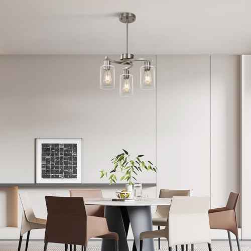 3 Light Brushed Nickel Dining Room Light Fixture,Modern Kitchen Chandeliers Over Table，Adjustable Height Industrial Hanging Pendant Lights for Kitchen Island with Glass Shade