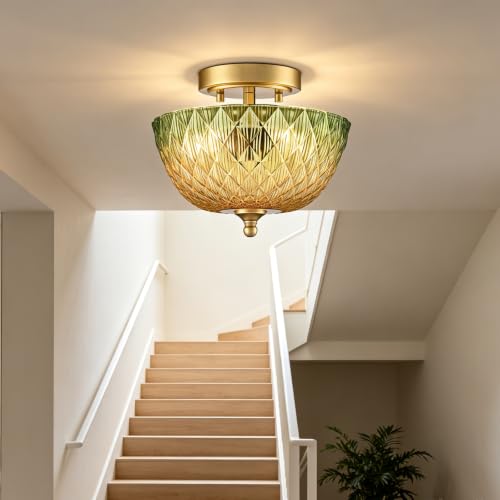 Semi Flush Mount Ceiling Light with Green & Amber Glass Shade