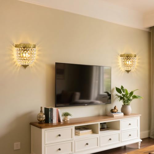 Vintage Crystal Wall Sconces Set of 2 Hardwired Brushed Brass Finish (2 Count)