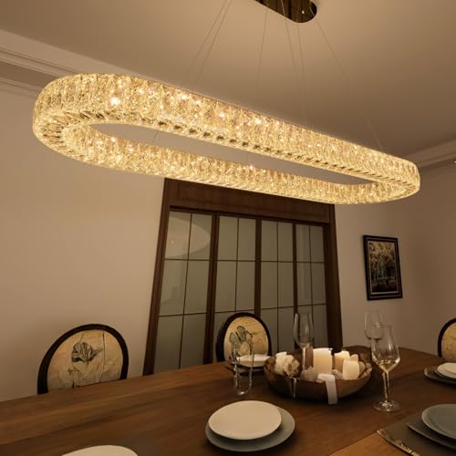 Modern Oval Crystal Chandelier for Dining Room Dimmable LED Chandeliers Rectangular Pendant Light Fixture with Remote for Living Room Kitchen Island Gold