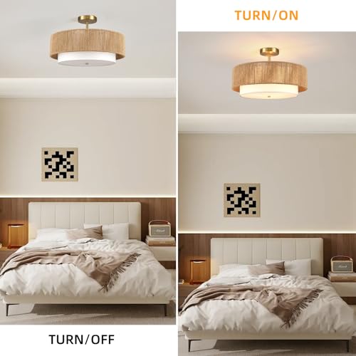 Boho Semi Flush Mount Ceiling Light Rattan Ceiling Light 18" Farmhouse Ceiling Lamp with Natural Hemp Rope Fabric Lampshade for Dining Room Living Room Bedroom Kitchen