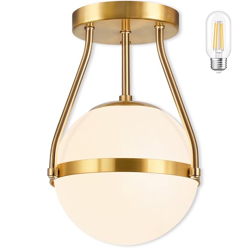 8 Inch Mid Century Ceiling Light Modern Semi Flush Mount Ceiling Light Fixture Globe Ceiling Light Fixture with Milk Glass Shade Brass Finish for Kitchen Island Hallway Living Room