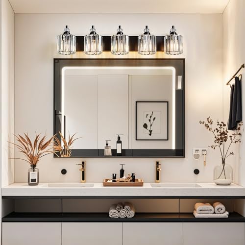 5 Light Black Bathroom Light Fixtures Over Mirror Modern Vanity Lights Crystal Wall Sconce Vintage Bathroom Lighting with Crystal Shade E26 Base for Bedroom