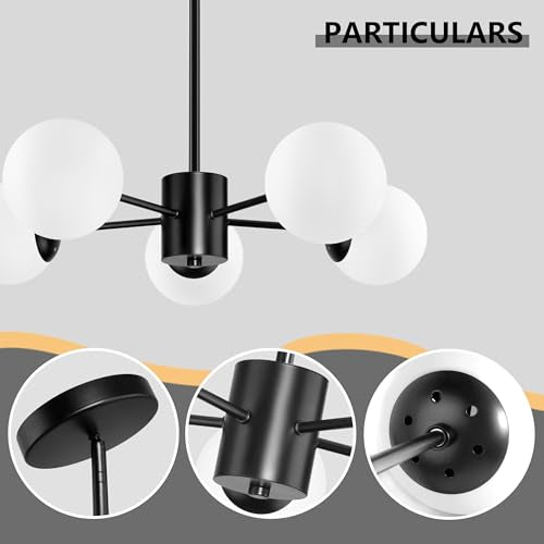 5 Light Globe Sputnik Chandelier Mid Century Sputnik Chandeliers Modern Black Globe Pendant Light Matte Black Finished with White Frosted Glass Lampshade for Dining Room Bedroom Kitchen