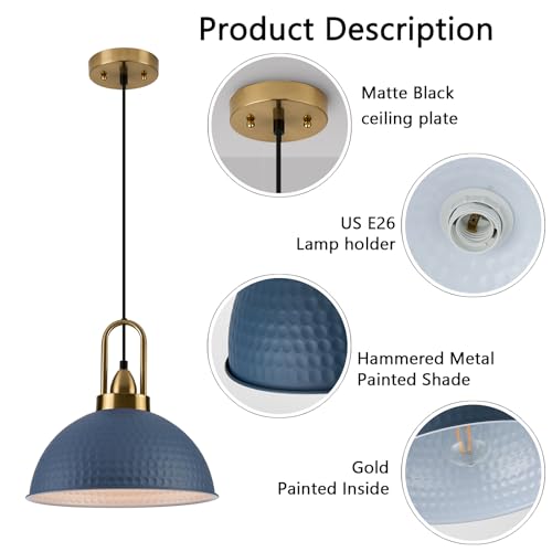 Blue Pendant Lights Kitchen Island Industrial Adjustable Height Vintage Dome Hanging Light Fixtures for Barn