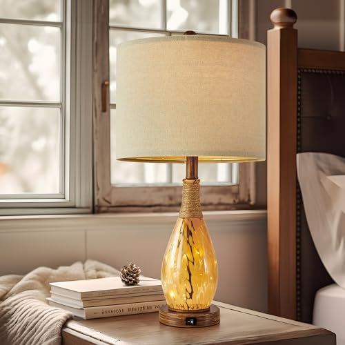 23" USB A+C Table Lamp for Bedroom Living Room Modern Bedside Lamps Retro Farmhouse Rattan Glass Nightstand Nightlight Lamps