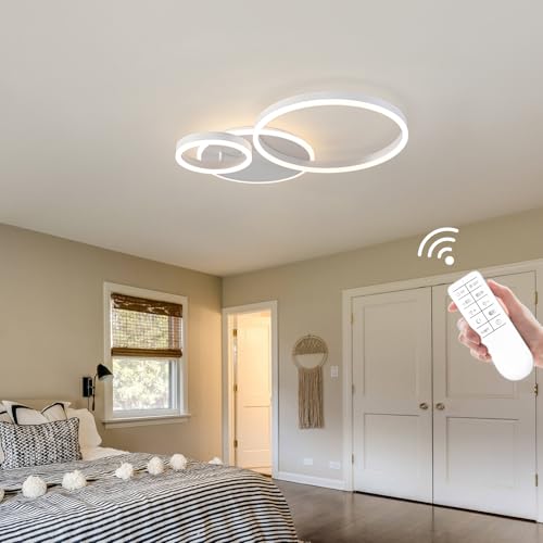 Modern 3 Ring LED Chandelier Lamp Fixture White 25.59''Dimmable Acrylic Flush Mount Ceiling Lights with Remote Control Ideal for Small Room