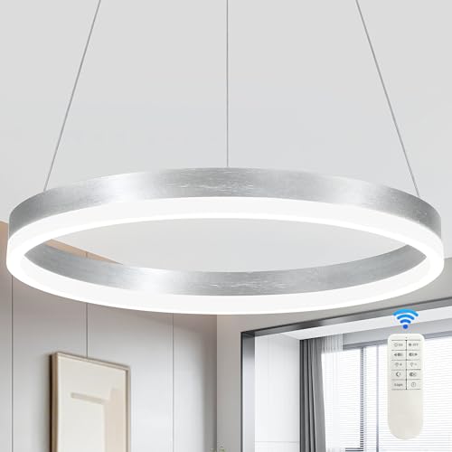 20" Modern Nickel Led Chandelier Ring Dimmable LED Chandeliers with Remote Control for Kitchen Island Height Adjustable Chandelier Led Pendant Light for Living Room Dining Room Bedroom Foyer