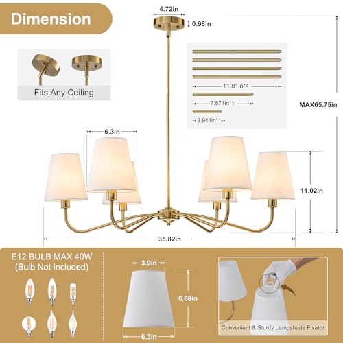 Brass Gold Chandeliers for Dining Room 6 Light Chandelier with Fabric Shade